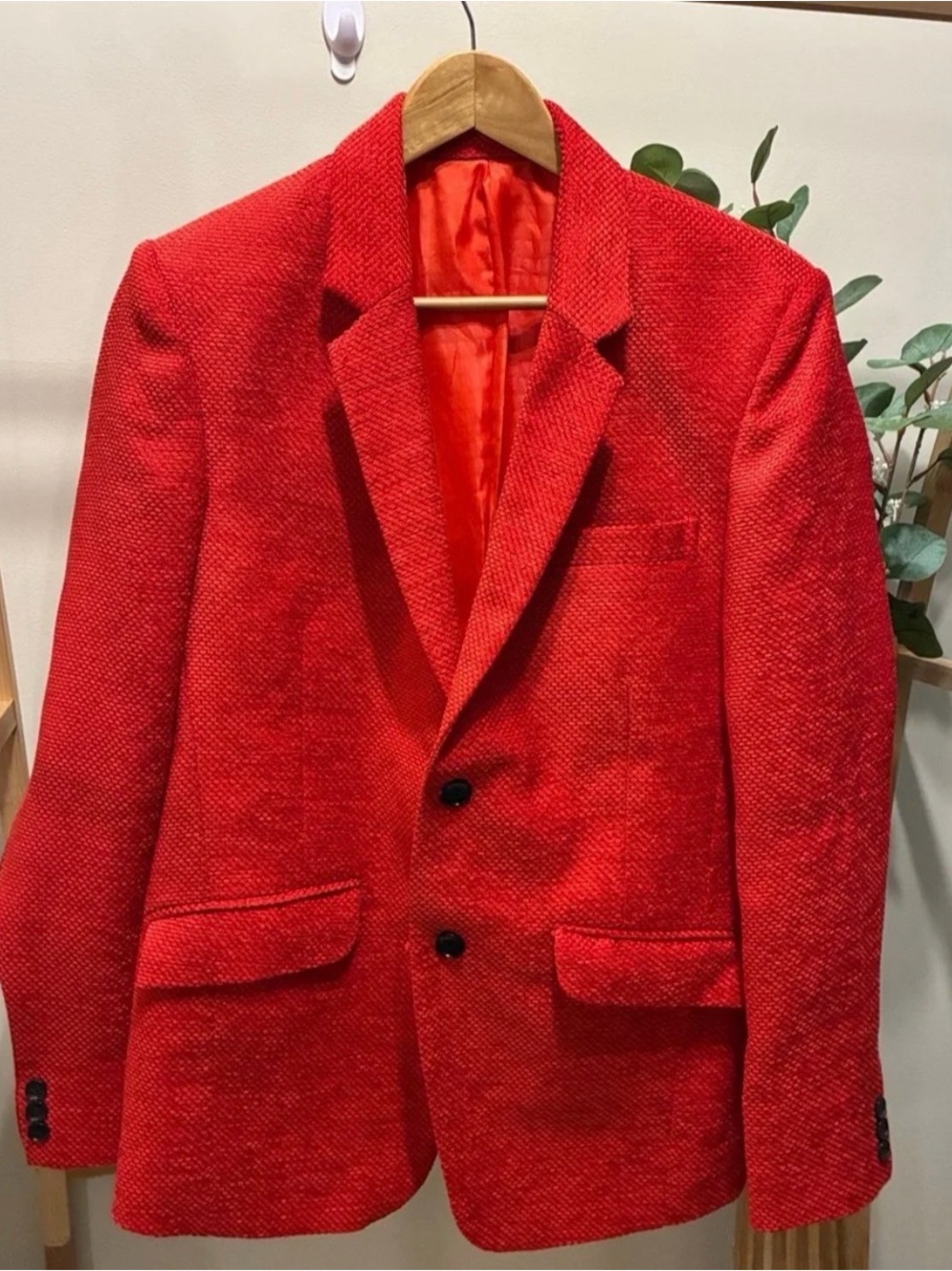 Women's Red Textured Blazer - Classic Two-Button Suit Jacket